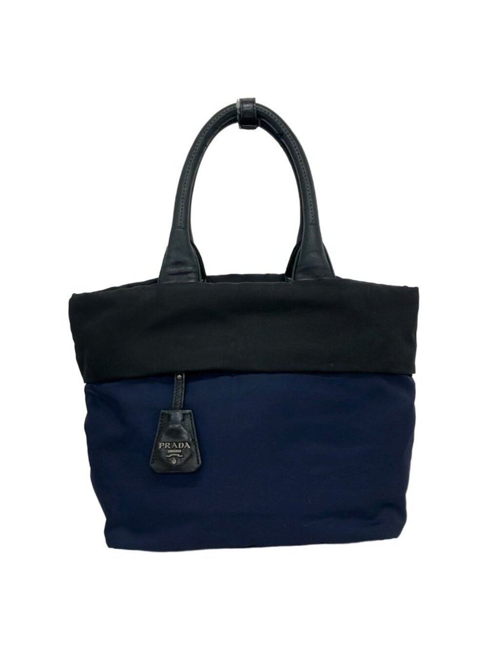 Prada Tote Tessuto Double Navy Black Leather